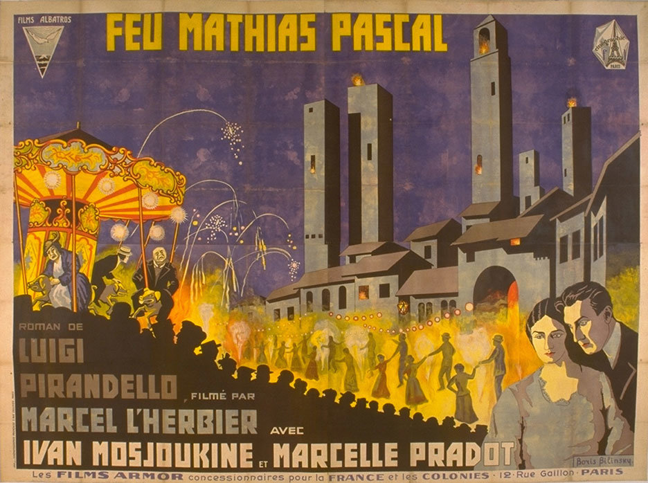Afiș pentru Răposatul Matei Pascal, prima ecranizare a romanului omonim de Luigi Pirandello, regizat de Marcel L'Herbier (1925-1926)